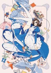 Rule 34 | 1girl, action figure, apron, blue dress, blue shirt, blue shoes, book, border, brown eyes, brown hair, clothes hanger, commentary request, dress, flower, frilled dress, frills, game boy, grid, handheld game console, highres, holding, holding tray, keishin, lamp, layered dress, legs up, looking at viewer, maid, maid headdress, open book, open mouth, orange flower, original, pink flower, pink shirt, plant, polka dot, polka dot background, potted plant, puffy sleeves, rug, shirt, shoes, short hair, shorts, shorts under skirt, smile, thighhighs, tray, tulip, vase, white apron, white background, white flower, white thighhighs