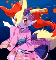 1girl animal_ears animal_hands arm_up bag blue_background blush bow braixen chinese_lantern claws fang female_focus floral_print flower fox_ears fox_tail frills furry furry_female gen_6_pokemon green_flower japanese_clothes kemoribon kimono long_sleeves looking_at_viewer looking_to_the_side night nintendo obi open_mouth outdoors pink_flower pink_kimono pointing pokemon pokemon_(creature) pokemon_xy purple_bag purple_bow red_eyes sash simple_background sky smile solo stick tail teeth walking white_flower