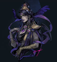 1girl black_background black_hair crown dress earrings floating_hair gem hades_(series) hades_1 highres jewelry mature_female nail_polish necklace nishiki_areku nyx_(hades) pale_skin purple_lips purple_nails ring star_(symbol) yellow_eyes