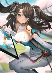 Rule 34 | 1girl, absurdres, aduo, aqua dress, aqua eyes, bare shoulders, blurry, blurry background, bodystocking, bow, breasts, brown hair, commentary, covered collarbone, drawing tablet, dress, earrings, floating hair, gradient clothes, gradient dress, hair bow, highres, holding, holding pen, jewelry, large breasts, light blush, looking at viewer, multicolored eyes, multiple hair bows, no eyewear, parted lips, pen, pink eyes, solo, two-tone eyes, white bow, wuthering waves, zhezhi (wuthering waves)