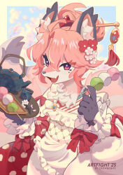 1girl :3 absurdres animal_ears apron art_fight_attack black_hands blurry blurry_background border bow colored_extremities crowbizbits cup dango diagonal-striped_clothes ear_tufts fang flat_chest flower food fox_ears fox_girl fox_tail frilled_apron frills furry green_border hair_between_eyes hair_bun hair_flower hair_ornament hair_stick hands_up happy highres holding holding_food holding_tray japanese_clothes kimono lolita_fashion long_sleeves looking_at_viewer mole mole_under_eye multicolored_fur multiple_tails open_mouth original outline outside_border pink_eyes pink_fur pink_hair polka_dot polka_dot_kimono print_kimono red_bow red_flower red_kimono sanshoku_dango second-party_source sleeve_bow slit_pupils solo striped_clothes tail teapot tray upper_body wa_lolita wagashi white_apron white_flower white_fur yellow_outline yunomi