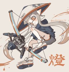 Rule 34 | 1girl, black shorts, blue hoodie, bow (weapon), colored tips, commentary request, dolphin shorts, grey hair, hat, highres, holding, holding bow (weapon), holding weapon, hood, hoodie, inkling, inkling girl, inkling player character, long hair, multicolored hair, nintendo, orange eyes, orange hair, osakanagumi11, pointy ears, rice hat, sandals, shorts, solo, splatoon (series), splatoon 3, star-shaped pupils, star (symbol), symbol-shaped pupils, tentacle hair, thick eyebrows, tri-stringer (splatoon), two-tone hair, very long hair, weapon