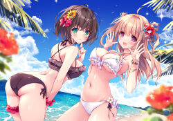 2girls ass bare_shoulders beach bikini black_bikini black_hair blonde_hair blue_sky blush bow bracelet breasts cleavage closed_mouth flower frills green_eyes hair_flower hair_ornament highres jewelry large_breasts long_hair looking_at_viewer multiple_girls nanaroba_hana navel ocean open_mouth original outdoors purple_eyes ribbon short_hair sideboob sky smile stomach swimsuit thighlet underboob water white_bikini