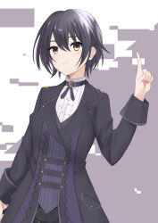 1girl black_coat black_hair black_jacket black_ribbon black_shorts black_vest breasts chloe_tang coat engage_kill engage_kiss frilled_shirt frills hair_between_eyes highres jacket jewelry long_sleeves medium_breasts neck_ribbon ribbon rm011vvv1 shirt short_hair shorts smile solo vest white_shirt yellow_eyes