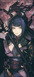 1girl absurdres arm_up armor bebe_(todoroki) blunt_bangs bridal_gauntlets cherry_blossoms closed_mouth collarbone electricity english_text engulfing_lightning_(genshin_impact) falling_petals genshin_impact hair_ornament highres holding holding_polearm holding_weapon japanese_clothes kimono long_hair looking_at_viewer looking_to_the_side mitsudomoe_(shape) mole mole_under_eye neck_ribbon off_shoulder petals pink_lips pink_petals polearm purple_eyes purple_hair purple_kimono purple_nails raiden_shogun red_ribbon red_sash ribbon sash shoulder_armor solo standing tomoe_(symbol) tree upper_body weapon