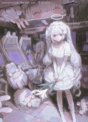 1girl absurdres arcade arcade_cabinet commentary_request dress flower frilled_dress frills hairband halo highres holding holding_flower indoors lolita_fashion lolita_hairband long_hair looking_at_viewer nyapii- original pink_eyes puffy_sleeves red_eyes ribbon short_sleeves socks standing stuffed_animal stuffed_toy twintails very_long_hair white_dress white_hair