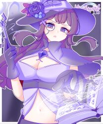 1girl absurdres book breasts cleavage doki_doki_literature_club flower gem gloves hat highres holding long_hair magic magical_girl midriff_peek monocle open_book open_mouth purple_eyes purple_flower purple_hair purple_shirt runes shirt vioswirl wand witch_hat yuri_(doki_doki_literature_club)
