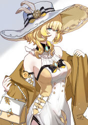 1girl absurdres aglaea_(honkai:_star_rail) aqua_eyes bag bare_shoulders bead_necklace beads black_bow blonde_hair bow breasts brooch dress handbag hat highres honkai:_star_rail honkai_(series) jewelry kkkula_(kula) large_breasts necklace off_shoulder short_hair sleeveless sleeveless_dress solo upper_body white_background white_hat
