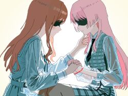 2girls bang_dream! bang_dream!_it&#039;s_mygo!!!!! black_necktie blindfold chihaya_anon commentary commentary_request dress english_commentary grey_dress indoors long_hair mixed-language_commentary multiple_girls nagasaki_soyo necktie open_mouth pink_hair school_uniform see-through_clothes see-through_shirt shirt sidelocks simple_background tsukinomori_school_uniform white_background white_dress white_shirt yuri zhangji318969