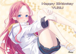 1girl :o absurdres artist_name bare_legs black_skirt blue_archive blue_eyes blush bow character_name commentary_request dot_nose feet forehead hair_bow halo hands_on_own_knees happy_birthday highres honeycomb_(pattern) honeycomb_background hood hood_down hooded_jacket id_card jacket knees_together_feet_apart knees_up legs loli long_hair long_sidelocks long_sleeves looking_at_viewer miniskirt multicolored_jacket parted_lips red_hair sandals shiraragi sidelocks signature skirt slides solo thighs toenails toes very_long_hair watermark watermark_grid white_bow white_jacket white_sandals yellow_background yellow_halo yellow_jacket yuzu_(blue_archive)