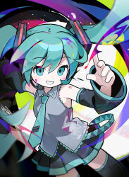 Rule 34 | 1girl, absurdres, arm tattoo, black skirt, black sleeves, black thighhighs, blue eyes, blue hair, blue necktie, collared shirt, commentary, detached sleeves, english commentary, grey shirt, grin, hair ornament, hatsune miku, headphones, headset, highres, long hair, looking at viewer, morizo (morizoshop), necktie, paint splatter, paint splatter on face, pleated skirt, shirt, skirt, sleeveless, sleeveless shirt, smile, solo, tattoo, thighhighs, twintails, very long hair, vocaloid