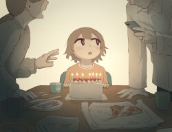 1girl 2boys absurdres arguing avogado6 birthday_cake blush_stickers brown_hair cake candle cellphone child cup faceless faceless_female faceless_male family father_and_son food fork fruit highres holding holding_phone jewelry knife long_sleeves low_ponytail mother_and_son mug multiple_boys open_mouth original phone pizza plate ponytail ring shirt smartphone strawberry sweater table