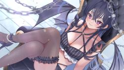 1girl anklet bead_anklet beads between_breasts black_bra black_footwear black_hair black_horns black_panties black_wings bra breasts bright_pupils brown_thighhighs chain chest_harness colored_inner_hair crossed_bangs demon_girl demon_horns demon_wings dutch_angle frilled_bra frilled_thighhighs frills grey_hair hairband harness heart heart_o-ring high_heels horns ichinose_uruha ichinose_uruha_(birthday_2023) jewelry lingerie lolita_hairband long_hair looking_at_viewer medium_breasts multi-strapped_panties multicolored_hair o-ring o-ring_harness panties purple_eyes roni_dayo shoes skindentation striped_bra striped_clothes thighhighs throne underwear vertical-striped_bra vertical-striped_clothes very_long_hair virtual_youtuber vspo! white_pupils wings