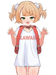 1girl :d absurdres backpack bag blush brown_hair clothes_writing green_eyes highres indie_virtual_youtuber loli looking_at_viewer open_mouth randoseru shigure_ui_(vtuber) shigure_ui_(vtuber)_(young) shirt short_hair smile solo t-shirt white_shirt zhyseven