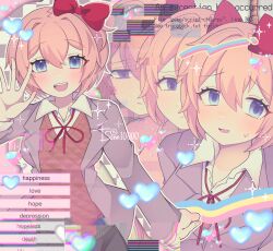 1girl blue_eyes blush bow brown_hair brown_vest choice colorful_background commentary depressed doki_doki_literature_club doki_doki_literature_club_school_uniform empty_eyes english_text gameplay_mechanics glitch grey_jacket hair_bow heart highres jacket long_sleeves looking_at_viewer multiple_views open_mouth red_bow rope sad sayori_(doki_doki_literature_club) school_uniform senn10000 shirt short_hair smile spoilers sweatdrop vest waving white_shirt