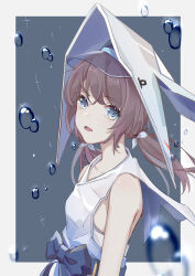 1girl :o absurdres arknights bare_shoulders blue_background blue_eyes border bow brown_hair collarbone commentary dress glint hair_bow highres huo_jian_chong_rudao_76 large_bow long_hair looking_at_viewer low_twintails outside_border purestream_(arknights) see-through_hat sleeveless sleeveless_dress solo twintails visor_cap water_drop white_border white_bow white_dress