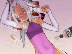 Rule 34 | 1girl, alcohol, bare shoulders, black horns, blush, bridal gauntlets, commentary request, covered navel, curtained hair, dark-skinned female, dark skin, flat chest, glass, glass bottle, gloggy, grey hair, heavy breathing, highres, horns, jewelry, kikyou (gloggy), long hair, lying, neck ring, open mouth, original, purple eyes, ring, solo, steam, sweat, very sweaty, white bridal gauntlets
