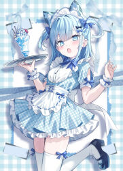 1girl :o apron black_bow black_shoes blue_bow blue_dress blue_eyes blue_hair blue_nails blush bow breasts commentary_request dress fang food food_on_hand frilled_apron frills gingham_dress hair_bow hands_up holding holding_tray looking_at_viewer nail_polish open_mouth original parfait pleated_dress puffy_short_sleeves puffy_sleeves saeki_sora shirt shoes short_sleeves small_breasts solo thighhighs tray two_side_up wafer_stick waitress white_apron white_shirt white_thighhighs wrist_cuffs