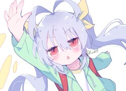 1girl antenna_hair arm_up artist_name backpack bag blue_jacket blush commentary_request drawstring hair_between_eyes hair_ribbon jacket jitome long_hair long_sleeves looking_at_viewer miyauchi_renge non_non_biyori nyanpassu~ open_clothes open_jacket open_mouth purple_hair randoseru red_eyes ribbon shirt simple_background solo triangle_mouth twintails upper_body white_background white_shirt x_noki9