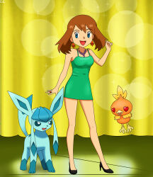 Rule 34 | 1girl, alternate costume, arm at side, armpit crease, bare shoulders, black shoes, blue eyes, breasts, brown hair, clenched hand, collarbone, curtains, dress, earrings, eyelashes, fankifalu, female focus, formal clothes, full body, gen 3 pokemon, gen 4 pokemon, glaceon, hand up, happy, heart, heart-shaped pupils, high heels, highres, jewelry, jumping, knees, legs, looking at another, may (pokemon), medium hair, neck, necklace, nintendo, no headwear, open mouth, pendant, pokemon, pokemon (creature), pokemon rse, ring, shoes, short dress, sidelocks, size difference, small breasts, spaghetti strap, standing, swept bangs, symbol-shaped pupils, thighs, tight clothes, tight dress, torchic
