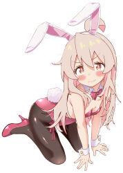 1girl absurdres ahoge all_fours animal_ear_hairband animal_ears annoyed bare_arms bare_shoulders black_pantyhose blush bow bowtie breasts brown_eyes colored_inner_hair commentary detached_collar embarrassed fake_animal_ears fang frown full_body grey_hair hair_between_eyes hairband high_heels highres leotard long_hair looking_at_viewer messy_hair multicolored_hair onii-chan_wa_oshimai! oyama_mahiro pantyhose pink_hair pink_leotard pink_shoes playboy_bunny rabbit_ears rabbit_tail red_bow red_bowtie shiina_excel shoes simple_background skin_fang small_breasts solo strapless strapless_leotard tail two-tone_hair white_background white_hairband wrist_cuffs