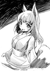 1girl animal_ears blush female_focus fox_ears fox_tail greyscale kubocha long_hair monochrome open_mouth smile solo tail