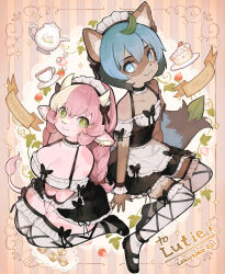1boy 1girl :3 absurdres animal_ear_fluff animal_ear_piercing animal_ears apron artist_name bare_shoulders between_legs black_bow black_footwear blue_eyes blue_hair blue_tail bow braid breasts bright_pupils brown_tail butterfly_bow cake cake_slice character_name checkerboard_cookie cleavage closed_mouth colored_skin commission commissioner_name cookie cup dark_skin dress fang fang_out food frilled_dress frilled_sleeves frills fruit furry furry_female furry_male green_eyes hand_between_legs highres horns leaf leaf_on_head long_hair looking_at_viewer maid maid_apron maid_headdress multicolored_hair nose_piercing nose_ring original piercing pink_hair pink_skin pink_tail plate puffy_short_sleeves puffy_sleeves raccoon_boy sakutake_(ue3sayu) saucer second-party_source short_hair short_sleeves sitting skeb_commission smile sparkle strawberry strawberry_shortcake striped_background sugar_cube tail teacup teapot thick_eyebrows thighhighs trap twin_braids v_arms waist_apron white_apron white_thighhighs