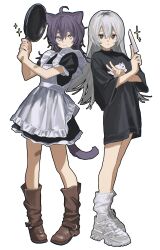 2girls absurdres ahoge animal_ear_fluff animal_ears apron bandaid bandaid_on_arm bandaid_on_leg black_dress boots brown_boots cat_ears cat_girl cat_tail closed_mouth commentary_request dress frilled_apron frills frying_pan full_body girls_made_pudding grey_eyes grey_hair highres holding holding_frying_pan holding_knife knife long_hair looking_at_viewer maid multiple_girls nikomi_(girls_made_pudding) no_pants print_shirt puffy_short_sleeves puffy_sleeves shirt shoes short_hair short_sleeves simple_background smile sneakers socks sparkle standing sumibi_(girls_made_pudding) tail v white_apron white_background white_shoes white_socks zumochi