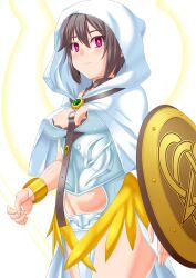 Rule 34 | 1girl, armor, armored dress, black hair, blush, breastplate, breasts, brooch, capelet, cleavage, dress, energy wings, fate/grand order, fate (series), guriguri (arayotto4351), head wings, highres, hood, hooded capelet, jewelry, looking at viewer, medium breasts, ortlinde (fate), pelvic curtain, polearm, red eyes, shield, short hair, solo, spear, thighs, valkyrie (fate), weapon, white capelet, white dress, wings
