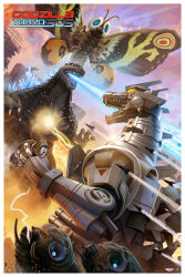 antennae atomic_breath blue_eyes breath_weapon bug building butterfly butterfly_wings caterpillar chest_beam chest_cannon city claws compound_eyes cyborg day destruction dust electricity embers energy_beam energy_cannon energy_weapon english_text evening exhaust explosion fire flying giant giant_monster giant_robot glowing glowing_eyes glowing_spikes godzilla godzilla:_tokyo_s.o.s. godzilla_(series) highres insect insect_wings kaiju kiryu_(godzilla) larva mandibles maser maser_beam maser_cannon mecha mechagodzilla metal_teeth military missile monster moth moth_wings mother_and_child mothra mouth_beam mouth_cannon no_humans no_pupils official_art open_mouth pablo_olivera plasma plasma_beam realistic robot scales scar scar_on_chest sharp_teeth siblings silk skyscraper smoke smoke_trail sparks spikes tail teeth toho tongue twilight twins type-4_triple_hyper_maser_cannon type-99_twin_maser_cannon variant_set weapon web wings yellow_eyes