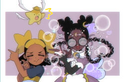 2girls \m/ aika_(kiana_mai) black_hair blonde_hair blue_shirt closed_eyes closed_mouth commentary crescent crescent_facial_mark dark-skinned_female dark_skin double_bun dress english_commentary facial_mark forehead_mark glasses hair_bun hair_rings highres hoshi_(kiana_mai) i_don&#039;t_want_to_be_a_magical_girl linnery3 magical_girl multicolored_hair multiple_girls open_mouth purple_dress round_eyewear shirt smile star_hair_bun striped_clothes striped_shirt tsuki_ni_kawatte_oshioki_yo two-tone_hair zira_(kiana_mai)