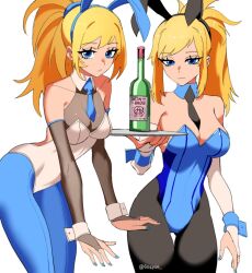 1girl 604yue animal_ears bare_shoulders black_necktie black_pantyhose blonde_hair blue_eyes blue_leotard blue_necktie blue_pantyhose bottle breasts bridal_gauntlets closed_mouth collar detached_collar detached_sleeves highleg highleg_leotard highres holding holding_tray large_breasts leotard long_hair looking_at_viewer metroid necktie nintendo pantyhose playboy_bunny ponytail rabbit_ears samus_aran shirt simple_background solo tray white_leotard white_shirt wrist_cuffs