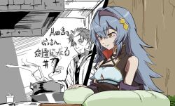 1boy 1girl beryl_gardernant blue_hair breasts brown_eyes closed_mouth cooking cooking_pot daikon eyebrows_hidden_by_hair facial_hair from_side hair_between_eyes hairband holding holding_knife katainaka_no_ossan_kensei_ni_naru kayshi0521 knife looking_at_another looking_at_object mewi_freya partially_colored radish small_breasts smile steam stubble upper_body