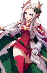 1girl alternate_costume bell cape christmas commentary_request detached_collar detached_sleeves dress edelgard_von_hresvelg edelgard_von_hresvelg_(snowfall_future) fake_horns fire_emblem fire_emblem:_three_houses gloves head_tilt headpiece highres holding holding_polearm holding_weapon horns jewelry jingle_bell long_hair long_sleeves looking_at_viewer looking_to_the_side minamonochaba multicolored_clothes necklace nintendo official_alternate_costume open_mouth parted_bangs polearm purple_eyes shade simple_background solo standing thick_thighs thighhighs thighs weapon white_background white_gloves white_hair winter_clothes