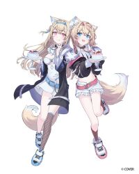 Rule 34 | absurdres, animal ear fluff, animal ears, asymmetrical legwear, bandaid, bandaid hair ornament, belt, black jacket, blonde hair, blue belt, blue eyes, blue hair, blue nails, blush, cake, closed mouth, dog ears, dog girl, dog tail, dress, fishnet thighhighs, fishnets, food, fruit, fuwawa abyssgard, fuwawa abyssgard (1st costume), hair between eyes, hair ornament, hairclip, headphones, headphones around neck, highres, hololive, hololive english, horn hairband, jacket, jersey maid, long hair, long sleeves, looking at viewer, maid, midriff, mikisai, mococo abyssgard, mococo abyssgard (1st costume), open mouth, parallel hairclips, pink belt, pink eyes, pink hair, pink nails, platform shoes, shoes, short hair, short shorts, shorts, siblings, simple background, single thighhigh, sisters, smile, stomach, strawberry, tail, thighhighs, tongue, tongue out, twins, unconventional maid, white background, white dress, white shorts
