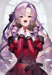 1girl :d black_gloves black_hairband black_ribbon dress drill_hair gloves hair_ribbon hairband highres hyakumantenbara_salome hyakumantenbara_salome_(1st_costume) long_hair long_sleeves looking_at_viewer nijisanji open_mouth parted_bangs purple_eyes purple_hair red_dress ribbon scottie_(phantom2) smile solo teeth upper_teeth_only virtual_youtuber