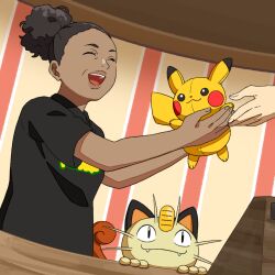Rule 34 | 1girl, 1other, brown hair, closed eyes, closed mouth, coin, dark-skinned female, dark skin, eyelashes, fangs, gen 1 pokemon, gold, hair bun, holding, holding stuffed toy, indoors, kirisaki (gin16k), koban (gold), lips, mature female, meowth, nintendo, official art, open mouth, pikachu, pokemon, pokemon (creature), second-party source, single hair bun, smile, stuffed toy, teeth, upper body, upper teeth only