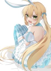1girl absurdres ahoge animal_ear_hairband animal_ears argyle_clothes argyle_thighhighs artoria_caster_(fate) artoria_caster_(swimsuit_berserker)_(fate) artoria_caster_(swimsuit_berserker)_(second_ascension)_(fate) artoria_pendragon_(fate) asymmetrical_legwear backless_dress backless_outfit bare_shoulders blonde_hair blue_dress commentary_request dress fake_animal_ears fate/grand_order fate_(series) green_eyes hairband highres knees_up long_hair looking_at_viewer looking_back mismatched_legwear open_mouth puffy_short_sleeves puffy_sleeves rabbit_ears short_sleeves sidelocks striped_clothes striped_thighhighs tearing_up thighhighs twintails user_ngzk8825