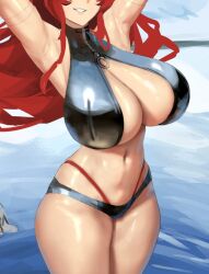 Rule 34 | 1girl, alternate breast size, arms behind head, breasts, cleavage, cropped, eu03, goddess (nikke), goddess of victory: nikke, large breasts, legs together, long hair, navel, o-ring, red hair, red hood (nikke), smile, summer, swimsuit, thick thighs, thighs, unfinished, unzipped