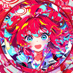 1girl absurdres artist_name blue_archive colorful commentary heart heart_in_eye highres holding holding_brush jacket kiriaina looking_at_viewer open_mouth red_hair shirt solo symbol_in_eye teeth upper_teeth_only