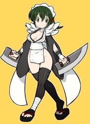 1girl apron bandaged_leg bandages beeru_(veil8801) black_thighhighs breasts butterfly_swords choker cleavage closed_mouth dual_wielding full_body green_eyes green_hair groin hair_between_eyes hair_ornament hairclip heel_up highres holding holding_weapon iroha_(samurai_spirits) maid_headdress medium_breasts medium_hair okobo outline platform_sandals samurai_spirits sandals simple_background smile solo thighhighs toeless_legwear weapon white_apron white_choker white_outline yellow_background