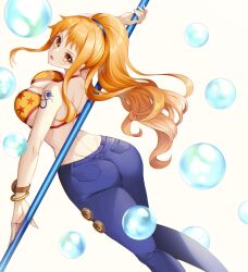 1girl ass bangle bare_shoulders bikini bikini_top_only blue_pants bracelet breasts brown_eyes bubble cleavage clima-tact commentary crazy_otama denim dimples_of_venus feet_out_of_frame from_behind halterneck high_ponytail highres holding holding_staff jeans jewelry large_breasts log_pose long_hair looking_at_viewer looking_back nami_(one_piece) official_alternate_costume official_alternate_hairstyle one_piece orange_hair pants ponytail print_bikini red_trim shoulder_tattoo sidelocks solo staff star_(symbol) star_print swimsuit tattoo tongue tongue_out wavy_hair yellow_bikini