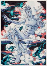 1other abs absurdres araki_hirohiko_(style) border cloud cloudy_sky colored_skin commentary compound_eyes english_commentary frog highres jojo_no_kimyou_na_bouken no_mouth no_nose other_focus painting_(medium) red_eyes sky spikes stand_(jojo) stone_ocean traditional_media watercolor_(medium) weather_report_(stand) white_border white_skin xfkart