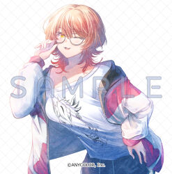 1girl ;d black-framed_eyewear black_shorts breasts brown_hair commentary_request drawstring fang glasses hair_between_eyes hand_on_own_hip hand_up hood hood_down hooded_jacket ittokyu jacket leaning_forward long_sleeves looking_at_viewer medium_breasts nijisanji nui_sociere nui_sociere_(2nd_costume) official_art one_eye_closed open_clothes open_jacket open_mouth puffy_long_sleeves puffy_sleeves sample_watermark shirt shorts sleeves_past_wrists smile solo virtual_youtuber watermark white_background white_shirt yellow_eyes