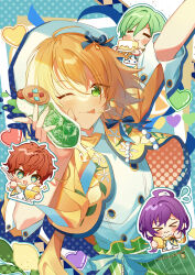 &gt;_&lt; +_+ 1girl 3boys absurdres amagi_hiiro ayase_mayoi beret blue_bow bow cake cherry chibi closed_eyes cup ensemble_stars! floral_print food food_print fruit fruit_print genderswap green_eyes green_hair green_pants hair_between_eyes hat highres holding holding_cake holding_cup holding_food holding_spoon ice_cream ice_cream_float idol kazehaya_tatsumi lemon lemon_print multiple_boys one_eye_closed pants purple_hair red_hair shaved_ice shiratori_aira_(dandadan) shirt spoon tongue tongue_out tooka_4120 white_shirt
