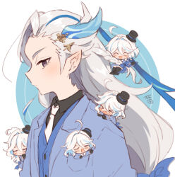 &gt;_&lt; 1boy 4girls ^_^ ahoge alternate_costume black_gloves black_hat black_shirt blue_background blue_bow blue_hair blue_jacket blue_shirt blue_vest bow bowtie braid closed_eyes collared_shirt commentary_request furina_(genshin_impact) genshin_impact gloves hat hayashidadesu in_pocket jacket long_hair low-tied_long_hair mini_person minigirl multicolored_hair multiple_girls neuvillette_(genshin_impact) open_mouth pointy_ears purple_eyes shirt signature simple_background streaked_hair tearing_up top_hat upper_body vest white_background white_bow white_bowtie white_hair