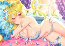 Rule 34 | 1girl, alternate costume, animal ears, bed sheet, blonde hair, blue bow, blue bra, blue nails, blue panties, blush, bow, bra, breasts, candy, cat ears, cat tail, cleavage, commentary request, curtains, day, fingernails, food, genshin impact, hair between eyes, highres, indoors, kemonomimi mode, lace, lace-trimmed bra, lace-trimmed panties, lace trim, large breasts, looking at viewer, lumine (genshin impact), lying, minatsuki alumi, nail polish, navel, on side, panties, pillow, short hair with long locks, solo, stomach, tail, thigh strap, underwear, window, yellow eyes