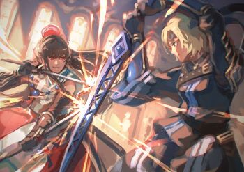 Rule 34 | blonde hair, brown hair, chrodechild, clash, fighting stance, garmmy, gensou suikoden, gensou suikoden tierkreis, holding, holding sword, holding weapon, long hair, smile, sword, sword clash, sword fight, weapon, yula