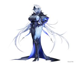 1girl absurdres armor ass beelzebub_(taimanin_series) blindfold blue_skin breasts colored_skin copyright_name curvy demon_girl full_body grey_hair highres kwata_kuwa large_breasts lilith-soft long_hair looking_afar navel official_art pointy_ears revealing_clothes shiny_skin sideboob simple_background solo taimanin_(series) taimanin_rpgx very_long_hair weapon wide_hips