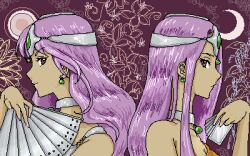 Rule 34 | 2girls, bare shoulders, brown eyes, card, circlet, crescent moon, dark-skinned female, dark skin, dragon quest, dragon quest iv, earrings, expressionless, fingernails, folding fan, forehead jewel, from side, gem, green gemstone, hand fan, hand up, holding, holding card, holding fan, ito heidi, jewelry, long hair, looking at viewer, lowres, manya (dq4), metal bra, minea (dq4), moon, multiple girls, necklace, pink lips, pink nails, pixel art, portrait, profile, purple hair, siblings, sideways glance, sisters, smile, sphere earrings, tessen, war fan